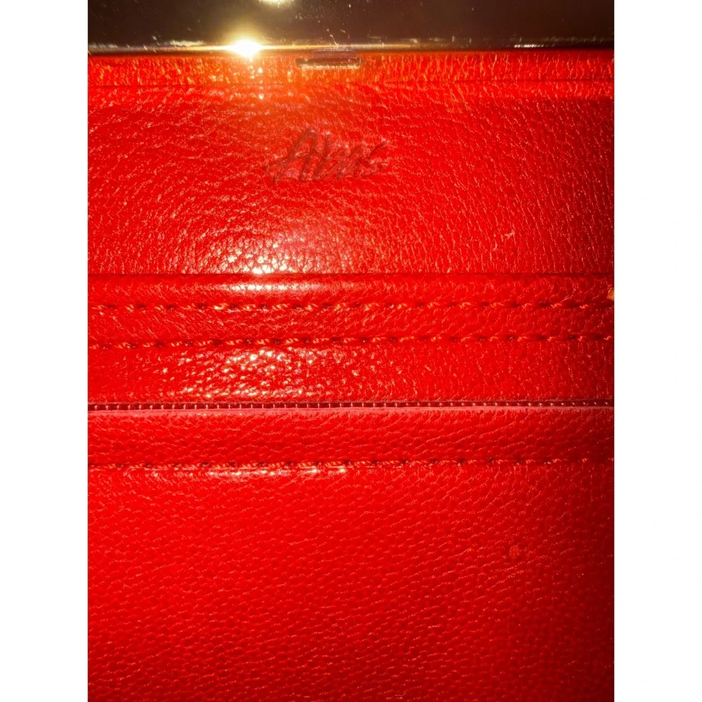 Abas Red Glossy Crocodile Embossed Leather Clutch Wallet Gold Frame